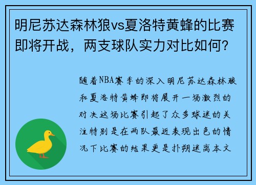 明尼苏达森林狼vs夏洛特黄蜂的比赛即将开战，两支球队实力对比如何？