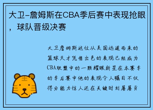 大卫-詹姆斯在CBA季后赛中表现抢眼，球队晋级决赛